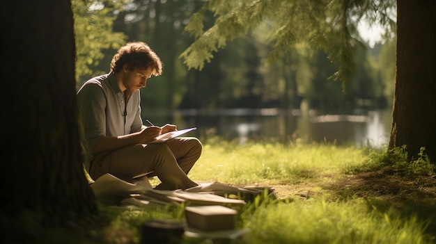 Un homme lisant un livre dans une forêt sereine entourée de lumière du soleil filtrant à travers les arbres