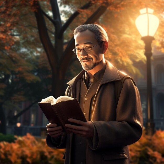 un homme lisant un livre dans un parc.