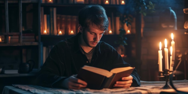 Un homme lisant à la lumière des bougies avec un fond artistique éclairant l'environnement.