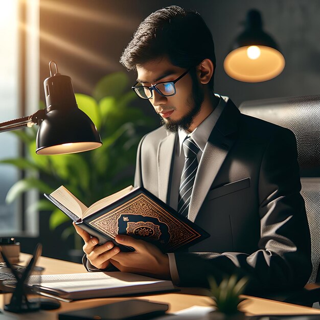 un homme lit le Coran dans son bureau