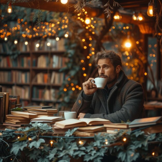 Un homme lit un livre dans une bibliothèque.