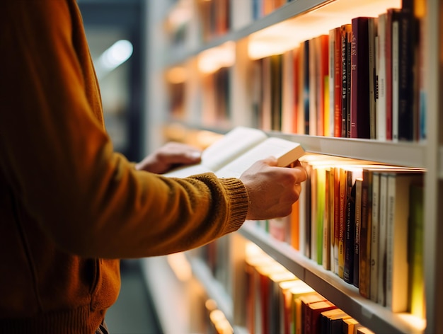 Un homme lit un livre dans une bibliothèque