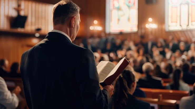 Photo un homme lit un livre dans une église bondée