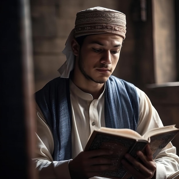 Un homme lit un livre dans une pièce sombre.