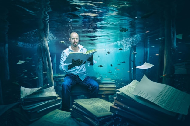 L'homme lit un livre sous l'eau