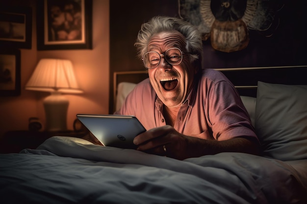 Un homme lit une tablette au lit avec un visage éclairé.