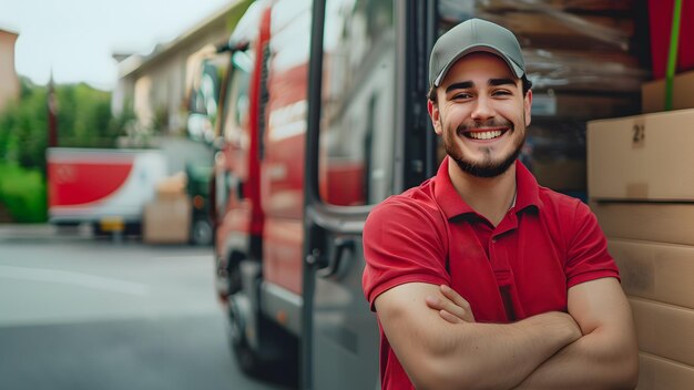 Photo un homme de livraison debout et souriant devant un camion de livraison