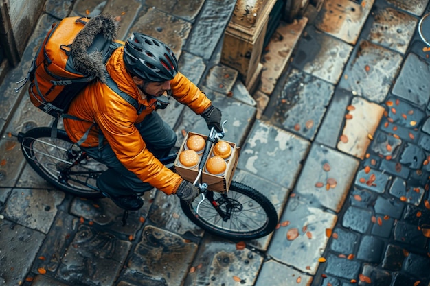 Un homme de livraison de nourriture sur bicyclette travaillant un jour de pluie