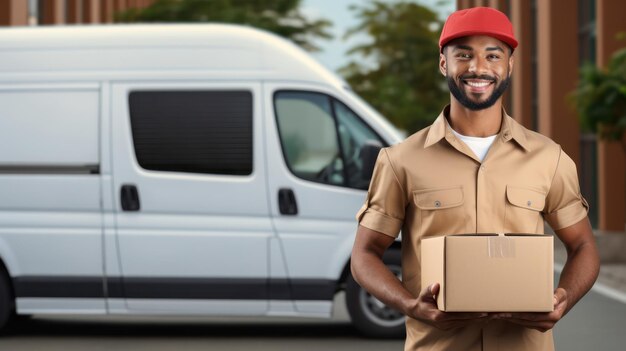 L'homme de la livraison tient une boîte en carton devant le fourgon.