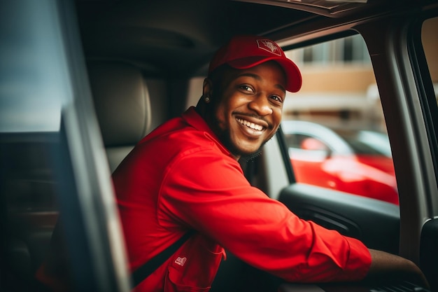 Un homme livre un camion, une voiture à la mode, un courrier, un portrait, un garçon de transport de marchandises heureux.