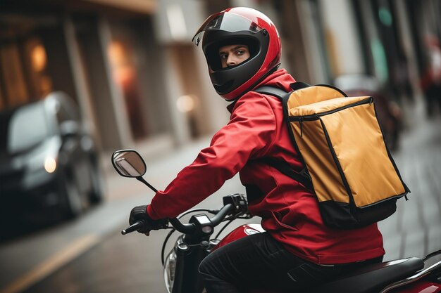 Photo un homme livre de la nourriture à moto