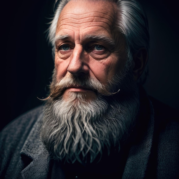 Un homme avec une longue barbe et une barbe se tient devant un fond sombre.