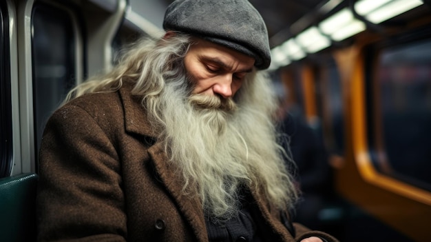 Un homme avec une longue barbe blanche et un chapeau gris dans le train.