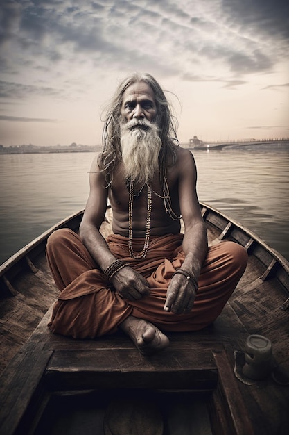 Un homme avec une longue barbe blanche est assis dans un bateau sur l'eau avec un ciel nuageux en arrière-plan
