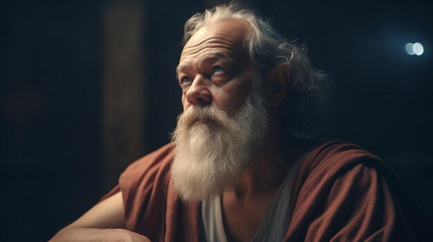 Un homme avec une longue barbe blanche est assis dans une pièce sombre avec un fond sombre.