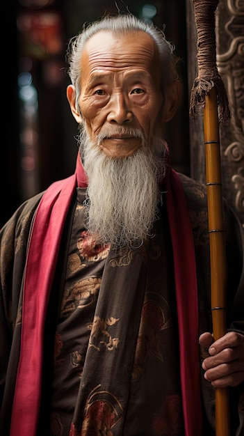 un homme à longue barbe blanche et longue barbe se tient dans un temple