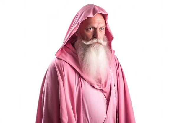 Un homme avec une longue barbe blanche et une robe rose se tient devant un fond blanc