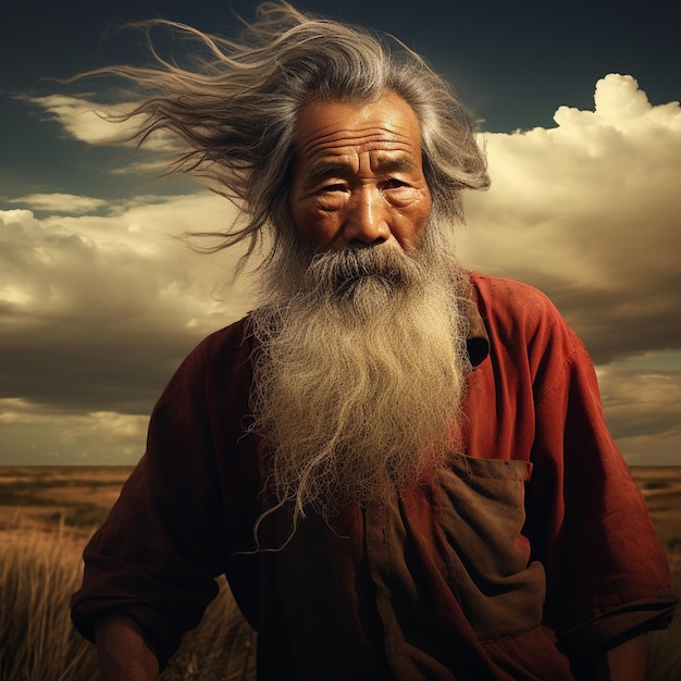 un homme avec une longue barbe blanche se tient dans un champ avec un ciel nuageux derrière lui.