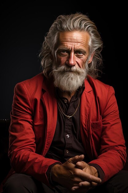 un homme avec une longue barbe blanche et une veste rouge