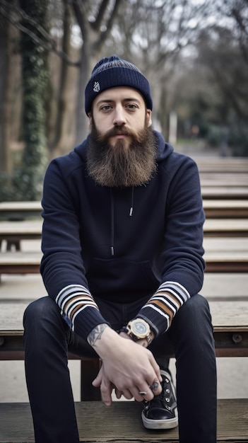 Un homme avec une longue barbe est assis sur un banc dans un parc.