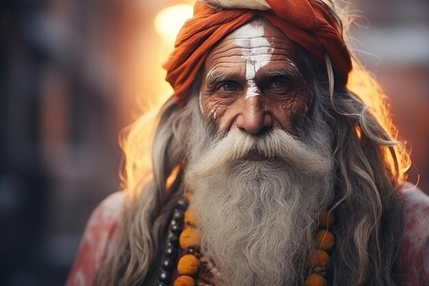 Photo un homme à longue barbe et une longue barbe se tient devant un grand turban orange coloré