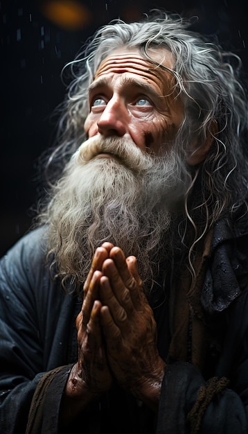 un homme avec une longue barbe prie