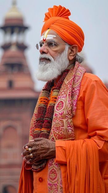 un homme avec une longue barbe et un turban orange