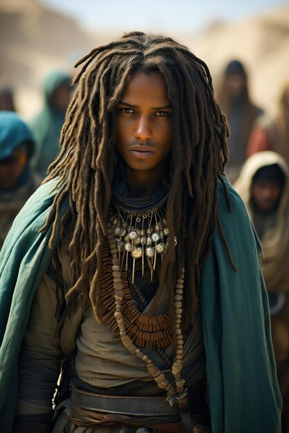 un homme avec de longues dreadlocks et une cape verte