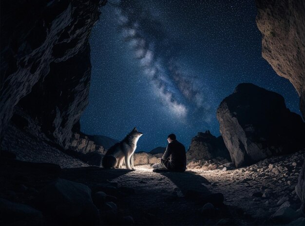 Photo un homme et un loup sont assis dans le noir sous un ciel étoilé