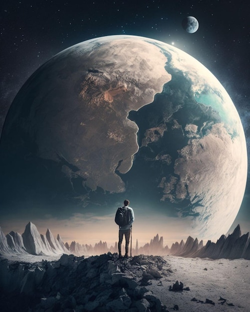 Un homme sur la lune regardant la planète Terre