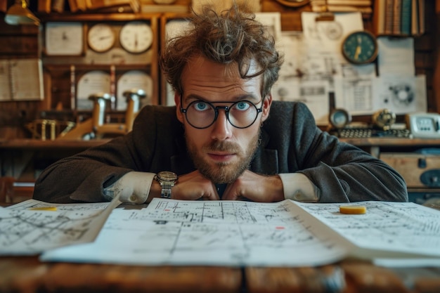 Un homme avec des lunettes assis sur une table en train de regarder quelque chose.