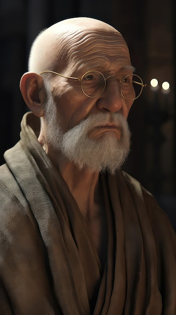 Un homme avec des lunettes et une barbe se tient devant un mur avec une lampe allumée.