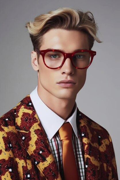 Un homme avec des lunettes et un blazer et une chemise qui dit "l'homme porte des lunettes à monture rouge"