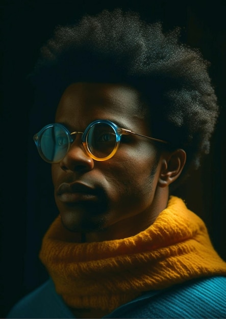 Un homme avec des lunettes et un chandail jaune se tient dans une pièce sombre