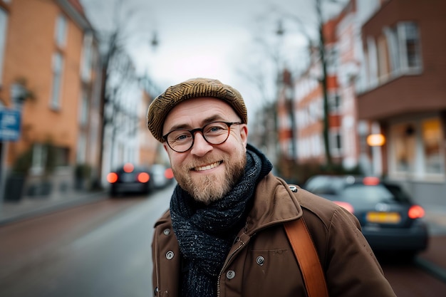 Un homme avec des lunettes et un chapeau sourit à la rue.