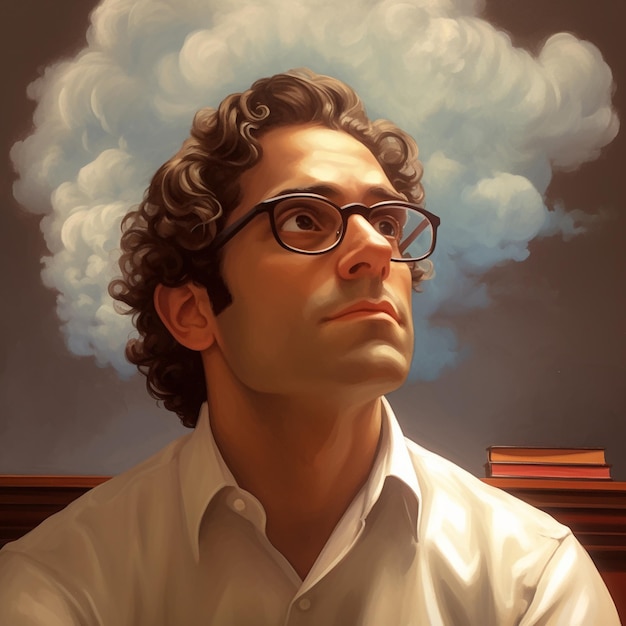 un homme avec des lunettes et une chemise blanche a un nuage en arrière-plan.