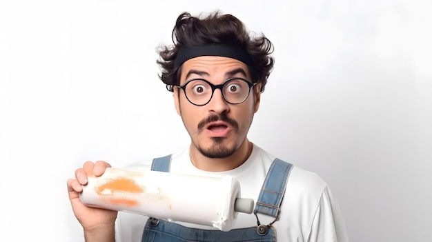 Un homme avec des lunettes et une chemise blanche tient un tube de peinture blanc.