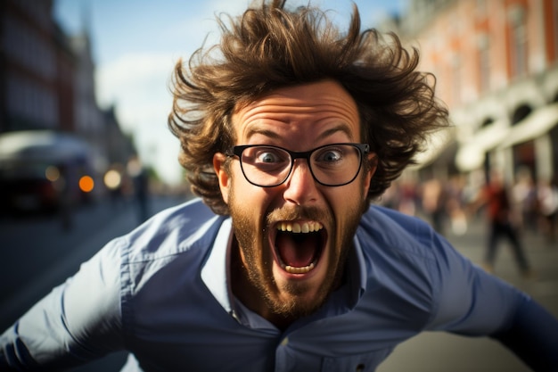 Photo un homme avec des lunettes et une chemise bleue court dans la rue