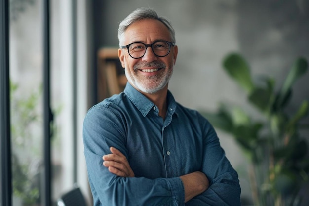 un homme avec des lunettes et une chemise bleue sourit