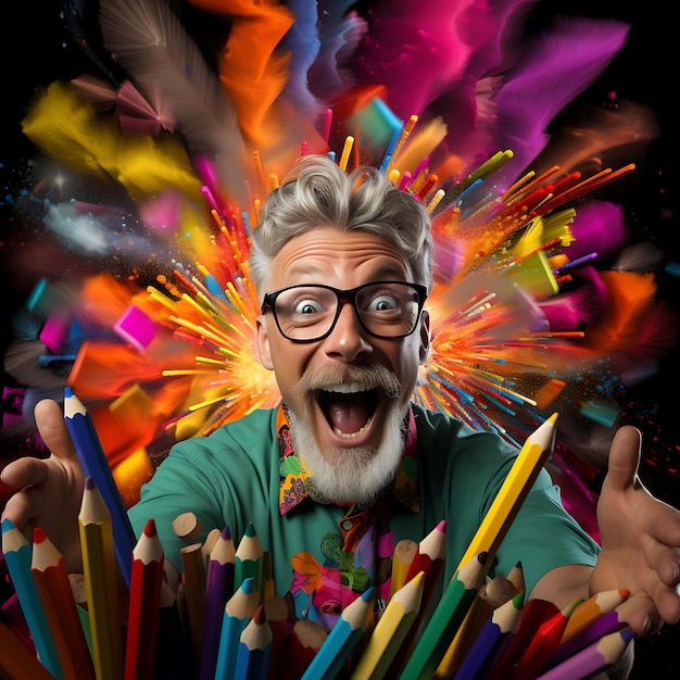 un homme avec des lunettes et une chemise verte avec un fond coloré de crayons de couleur