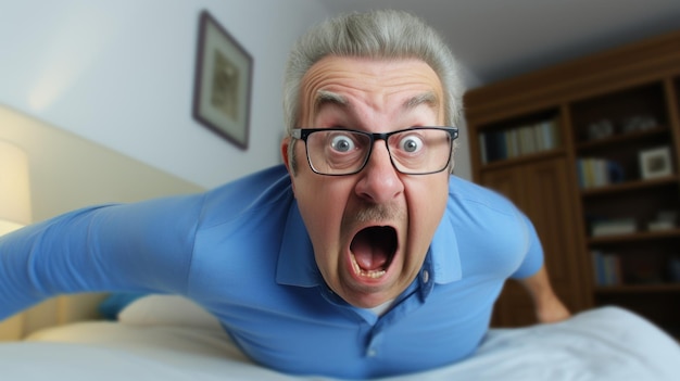 Un homme en lunettes crie sur un lit.