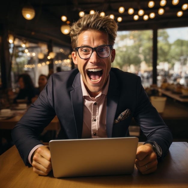 un homme avec des lunettes est assis à un bar avec un ordinateur portable sur son portable.