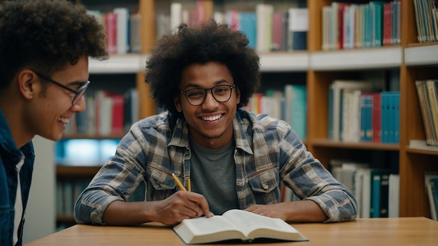 Photo un homme avec des lunettes est assis à une table avec un livre devant lui