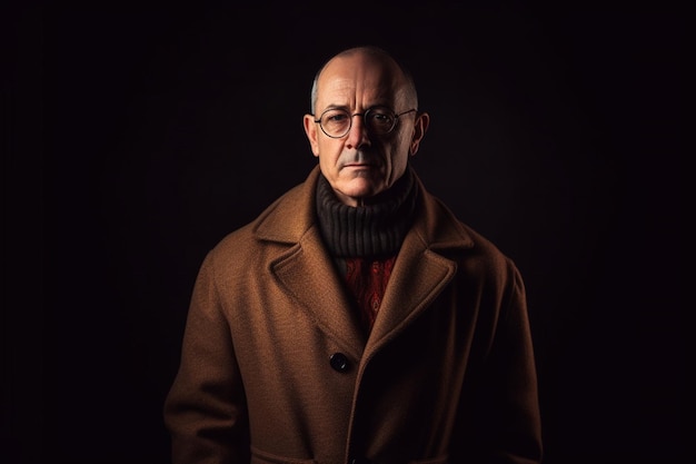 Un homme avec des lunettes et un manteau marron se tient devant