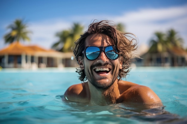 Un homme à lunettes nage dans la piscine par une journée ensoleillée