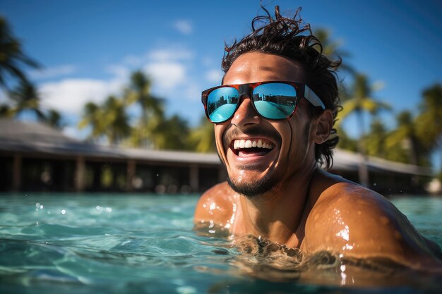 Un homme à lunettes nage dans la piscine par une journée ensoleillée