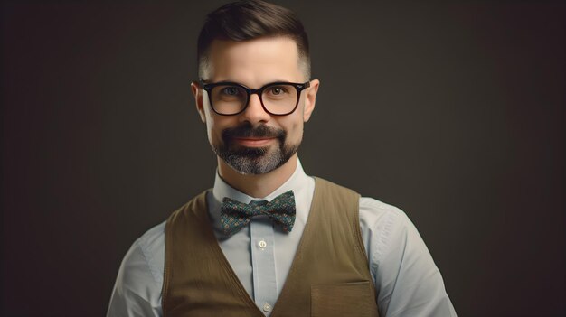 Un homme avec des lunettes et un nœud papillon se tient devant un fond sombre.