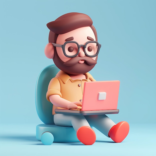 un homme avec des lunettes et un ordinateur portable est assis dans une chaise de bureau