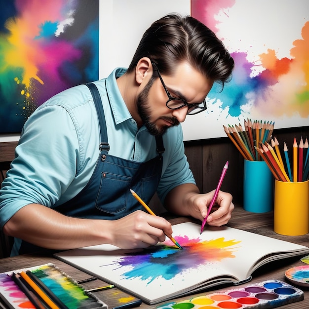 un homme avec des lunettes peint une image d'une peinture colorée