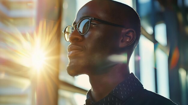 Un homme avec des lunettes qui regarde le soleil.